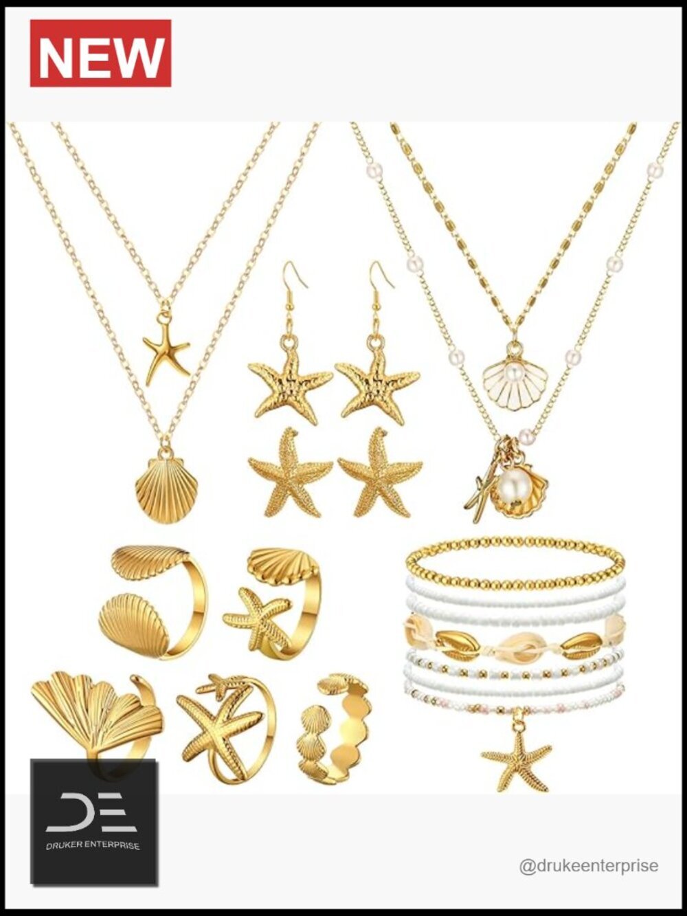 16 Pcs Seashell Starfish Jewelry Set with Layered Necklace, Earrings, Rings,